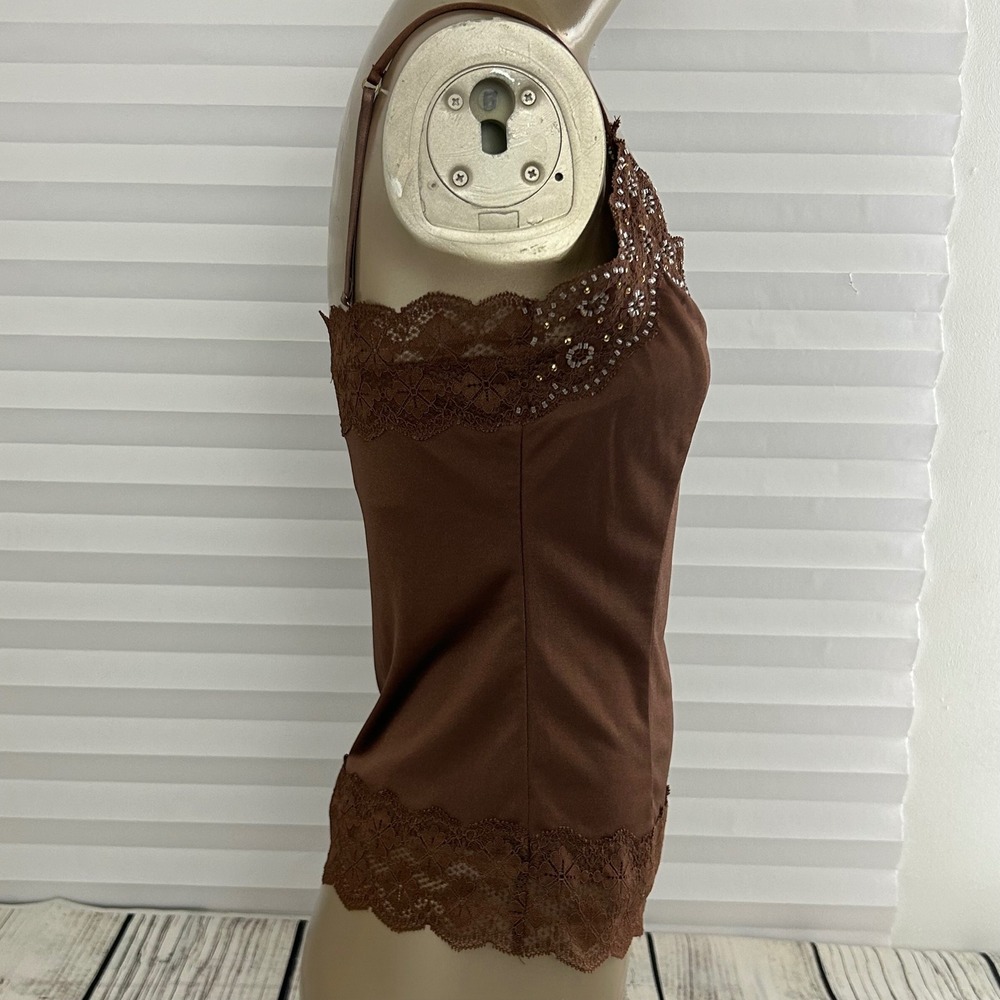 The Limited Brown Lace Trim Beaded Babydoll Cami Top Womens Sz M Y2K Preppy Chic - Picture 4 of 11